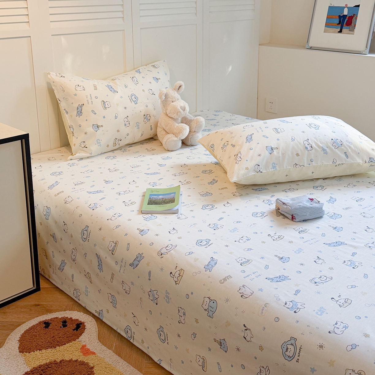 91家纺网 家纺一手货源 找家纺 麦伦家居 2026新款卡通小清新全棉纯棉单床单床笠床单床笠单件单品床单床笠 机灵猫