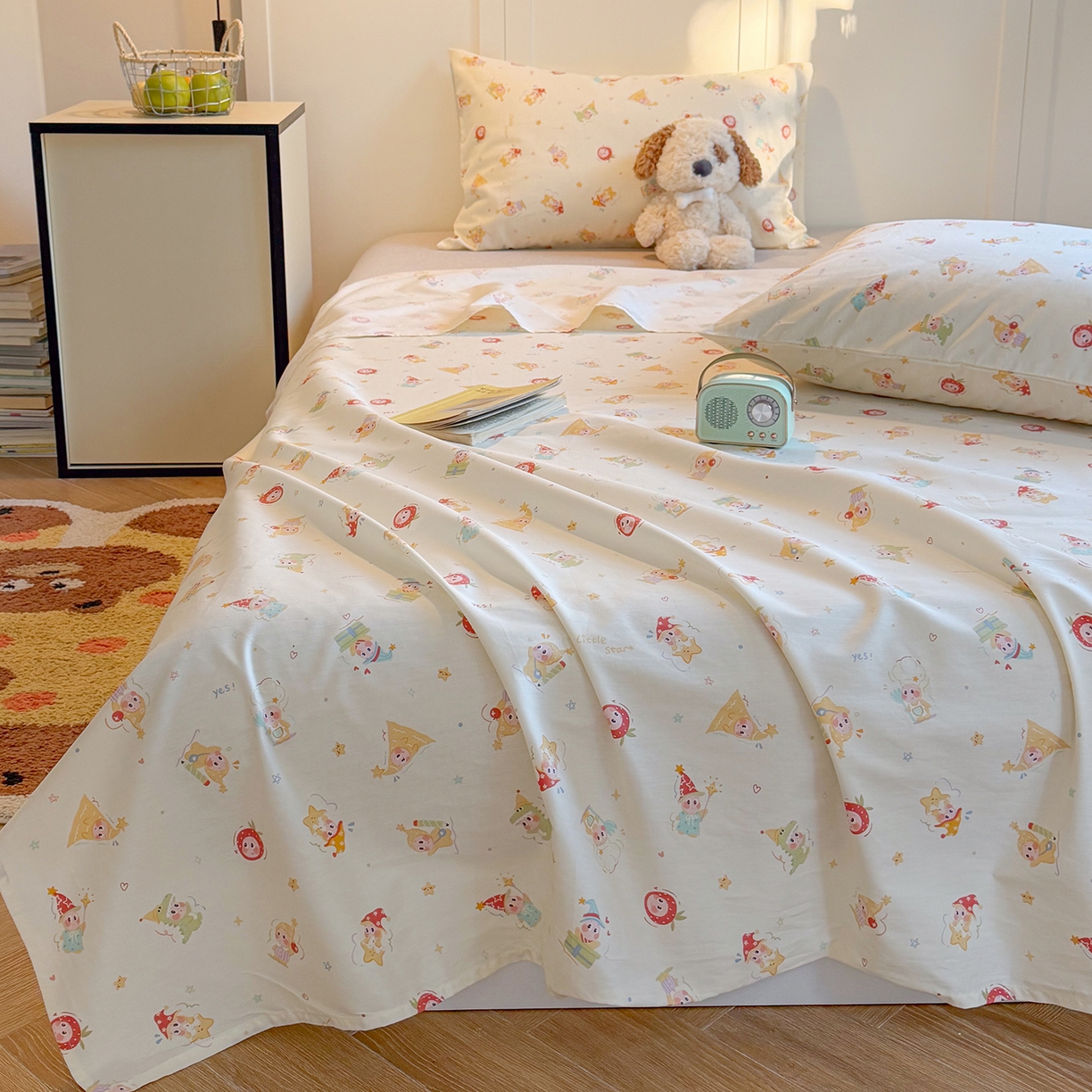 91家纺网 家纺一手货源 找家纺 麦伦家居 2026新款卡通小清新全棉纯棉单床单床笠床单床笠单件单品床单床笠 快乐小星星