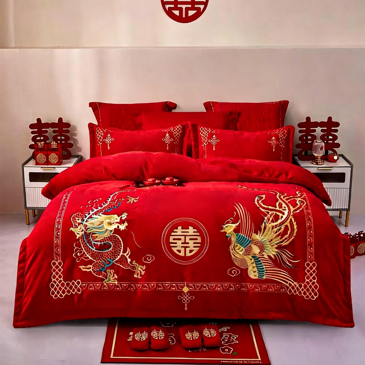 布乐意 2025新款高克重大红牛奶绒婚庆全工艺重工刺绣新中式结婚四件套六件套小红书推荐抖音直播爆款 双喜龙凤