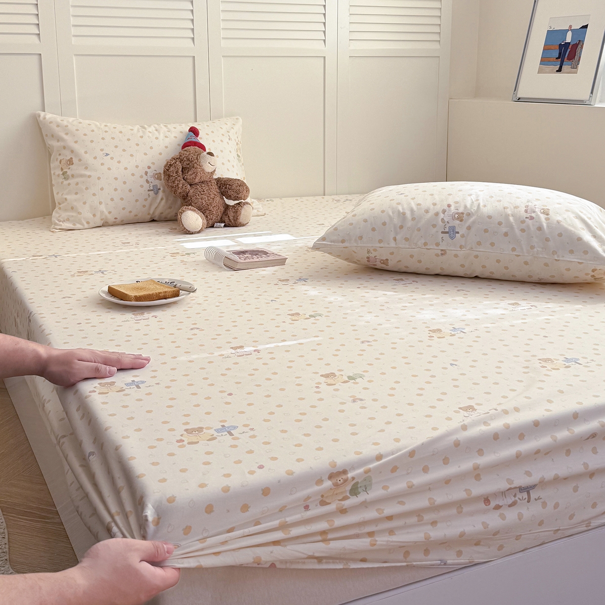 91家纺网 家纺一手货源 找家纺 麦伦家居 2026新款卡通小清新全棉纯棉单床单床笠床单床笠单件单品床单床笠 莓果熊