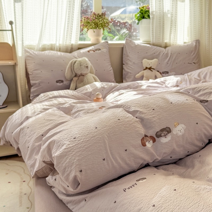 91家纺网 家纺一手货源 找家纺 安力森/诚臻酒店用品 2026新款A类双层皱皱纱四件套 爱心小狗