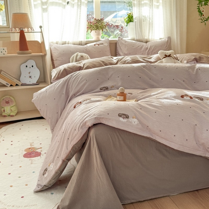 91家纺网 家纺一手货源 找家纺 安力森/诚臻酒店用品 2026新款A类双层皱皱纱四件套 爱心小狗