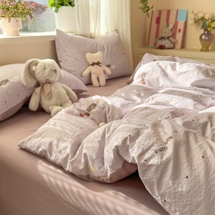 91家纺网 家纺一手货源 找家纺 安力森/诚臻酒店用品 2026新款A类双层皱皱纱四件套 爱心小狗