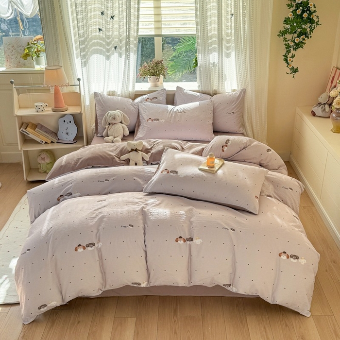 91家纺网 家纺一手货源 找家纺 安力森/诚臻酒店用品 2026新款A类双层皱皱纱四件套 爱心小狗