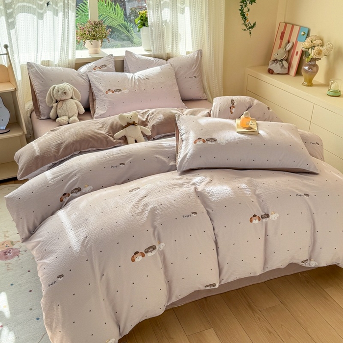 91家纺网 家纺一手货源 找家纺 安力森/诚臻酒店用品 2026新款A类双层皱皱纱四件套 爱心小狗