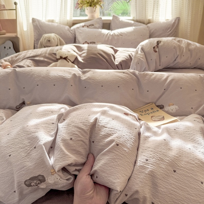 91家纺网 家纺一手货源 找家纺 安力森/诚臻酒店用品 2026新款A类双层皱皱纱四件套 爱心小狗