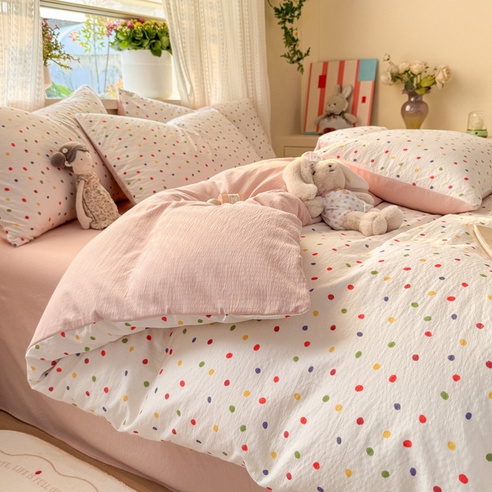 91家纺网 家纺一手货源 找家纺 安力森/诚臻酒店用品 2026新款A类双层皱皱纱四件套 彩色波点