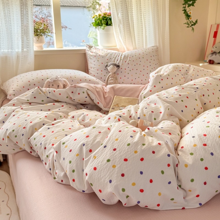 91家纺网 家纺一手货源 找家纺 安力森/诚臻酒店用品 2026新款A类双层皱皱纱四件套 彩色波点