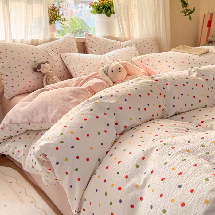 91家纺网 家纺一手货源 找家纺 安力森/诚臻酒店用品 2026新款A类双层皱皱纱四件套 彩色波点