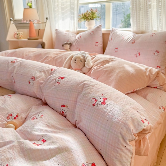 91家纺网 家纺一手货源 找家纺 安力森/诚臻酒店用品 2026新款A类双层皱皱纱四件套 粉格猫咪