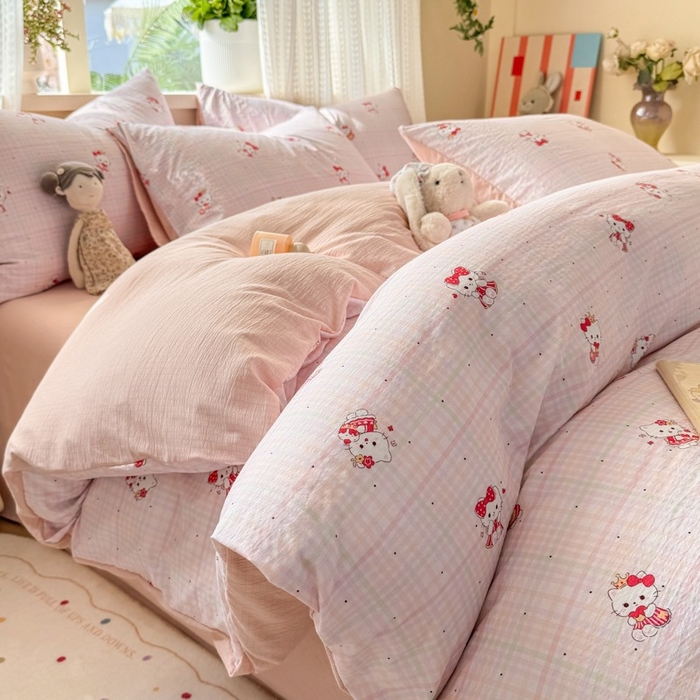 91家纺网 家纺一手货源 找家纺 安力森/诚臻酒店用品 2026新款A类双层皱皱纱四件套 粉格猫咪