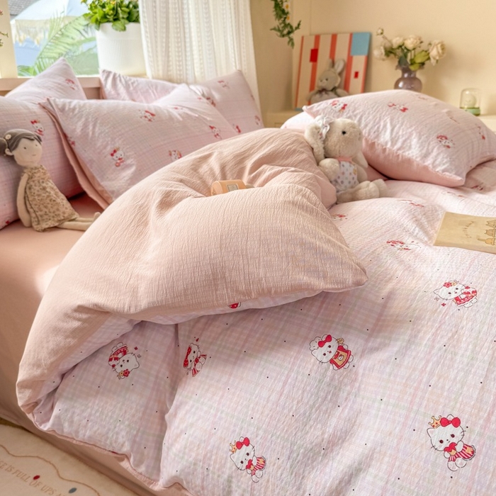 91家纺网 家纺一手货源 找家纺 安力森/诚臻酒店用品 2026新款A类双层皱皱纱四件套 粉格猫咪