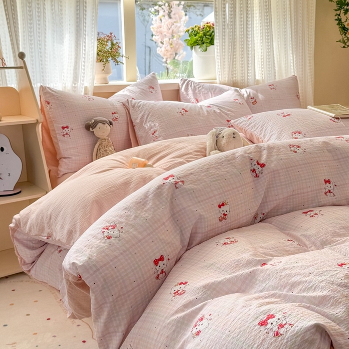 91家纺网 家纺一手货源 找家纺 安力森/诚臻酒店用品 2026新款A类双层皱皱纱四件套 粉格猫咪