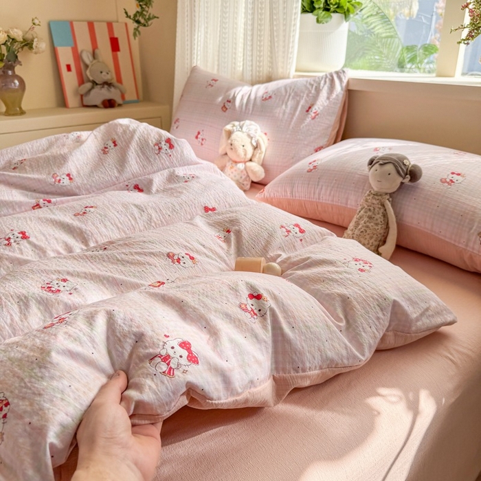 91家纺网 家纺一手货源 找家纺 安力森/诚臻酒店用品 2026新款A类双层皱皱纱四件套 粉格猫咪