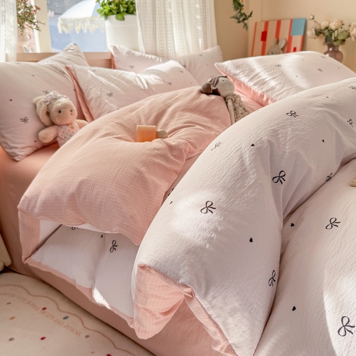 91家纺网 家纺一手货源 找家纺 安力森/诚臻酒店用品 2026新款A类双层皱皱纱四件套 粉色蝴蝶结