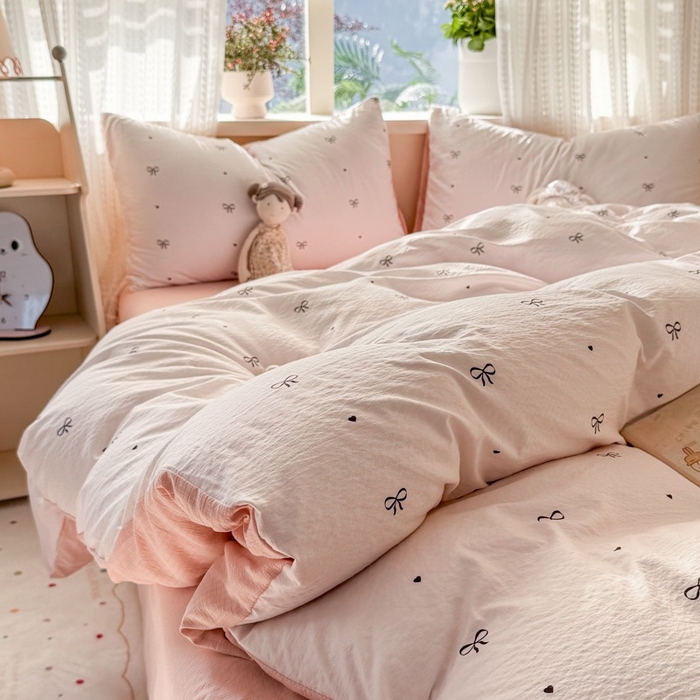 91家纺网 家纺一手货源 找家纺 安力森/诚臻酒店用品 2026新款A类双层皱皱纱四件套 粉色蝴蝶结