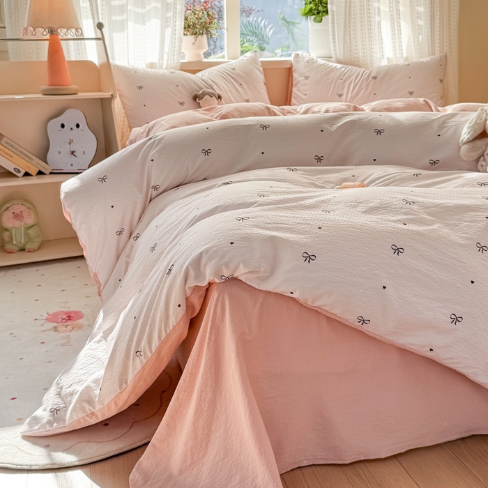 91家纺网 家纺一手货源 找家纺 安力森/诚臻酒店用品 2026新款A类双层皱皱纱四件套 粉色蝴蝶结