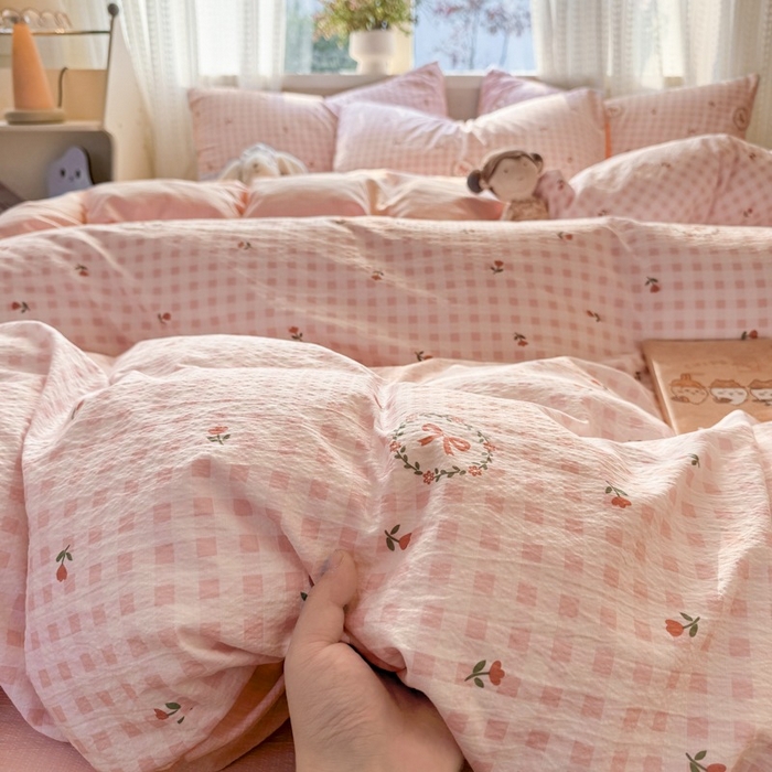 91家纺网 家纺一手货源 找家纺 安力森/诚臻酒店用品 2026新款A类双层皱皱纱四件套 格子蝴蝶结