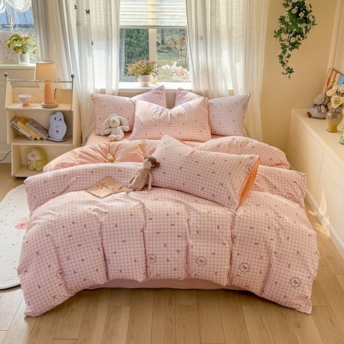 91家纺网 家纺一手货源 找家纺 安力森/诚臻酒店用品 2026新款A类双层皱皱纱四件套 格子蝴蝶结