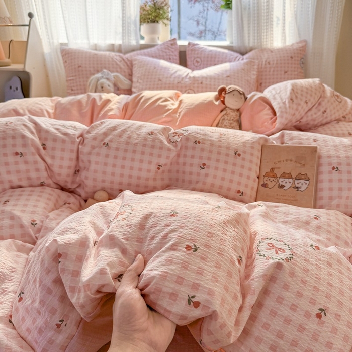 91家纺网 家纺一手货源 找家纺 安力森/诚臻酒店用品 2026新款A类双层皱皱纱四件套 格子蝴蝶结