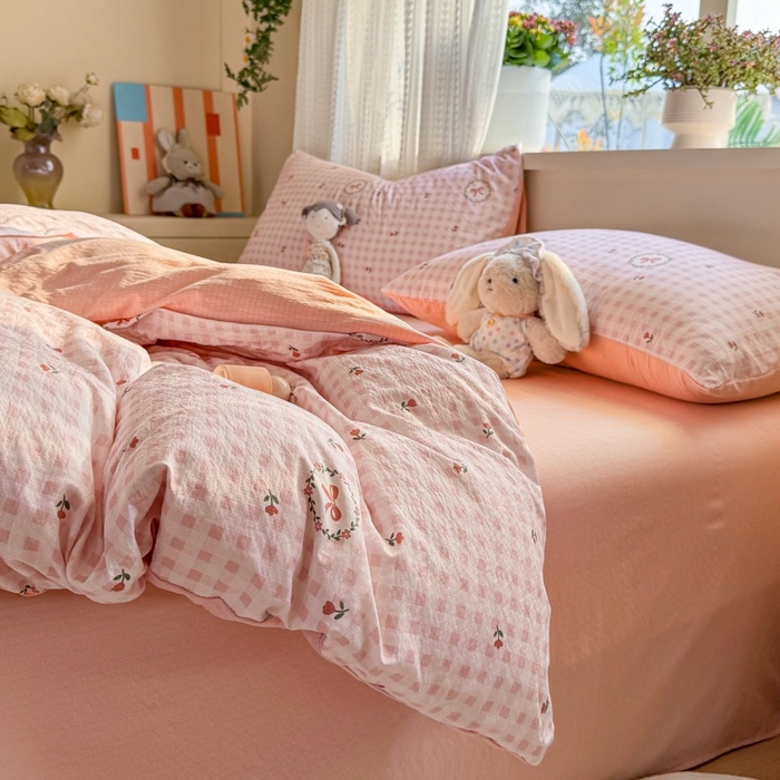 91家纺网 家纺一手货源 找家纺 安力森/诚臻酒店用品 2026新款A类双层皱皱纱四件套 格子蝴蝶结