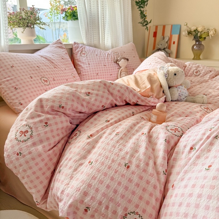 91家纺网 家纺一手货源 找家纺 安力森/诚臻酒店用品 2026新款A类双层皱皱纱四件套 格子蝴蝶结