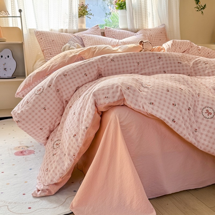 91家纺网 家纺一手货源 找家纺 安力森/诚臻酒店用品 2026新款A类双层皱皱纱四件套 格子蝴蝶结