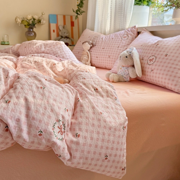 91家纺网 家纺一手货源 找家纺 安力森/诚臻酒店用品 2026新款A类双层皱皱纱四件套 格子蝴蝶结