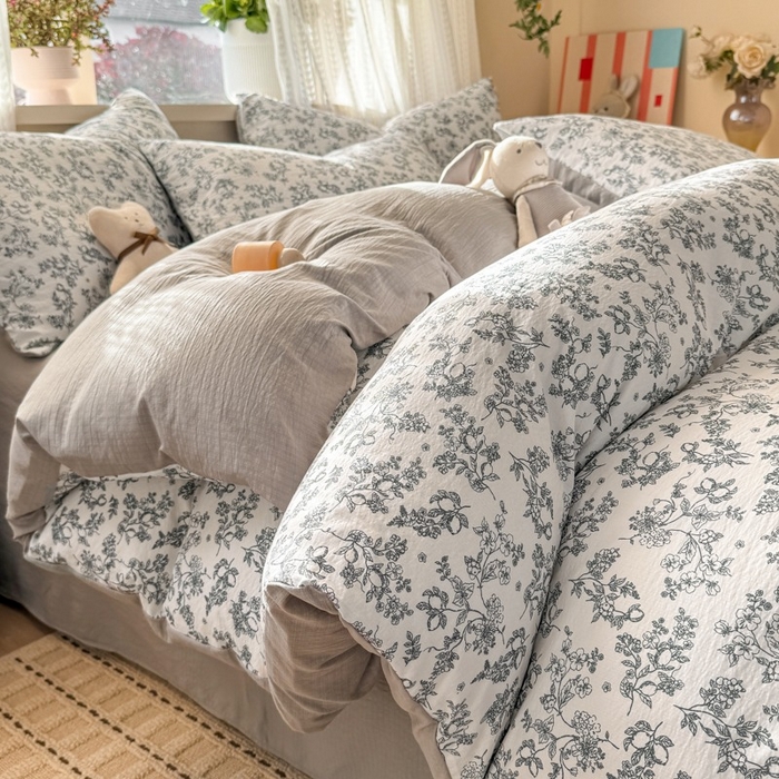 91家纺网 家纺一手货源 找家纺 安力森/诚臻酒店用品 2026新款A类双层皱皱纱四件套 花开漫漫