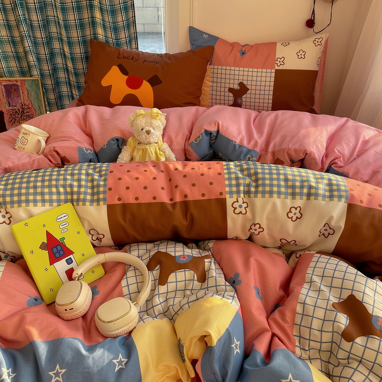 91家纺网 家纺一手货源 找家纺 （总）桃子家居 2026新款纯棉混搭大版数码印花枕套小清新猫咪可爱系列四件套