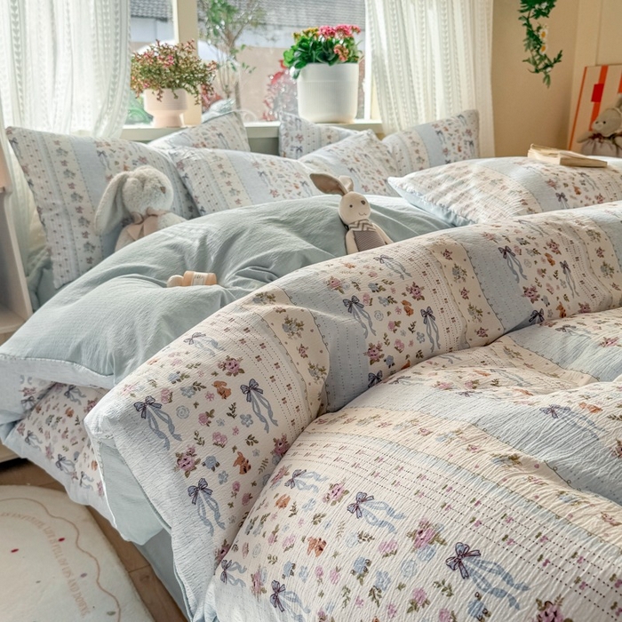 91家纺网 家纺一手货源 找家纺 安力森/诚臻酒店用品 2026新款A类双层皱皱纱四件套 花漫蝴蝶