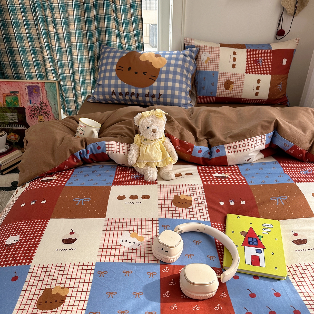 91家纺网 家纺一手货源 找家纺 桃子家居 2026新款纯棉混搭大版数码印花枕套小清新猫咪可爱系列四件套 棉混搭-可可布丁猫