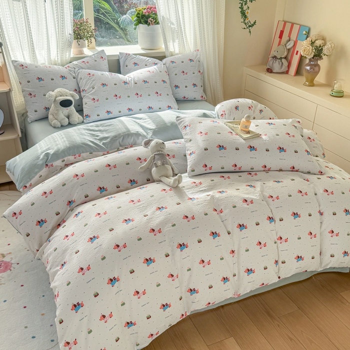 91家纺网 家纺一手货源 找家纺 安力森/诚臻酒店用品 2026新款A类双层皱皱纱四件套 洛洛小狗