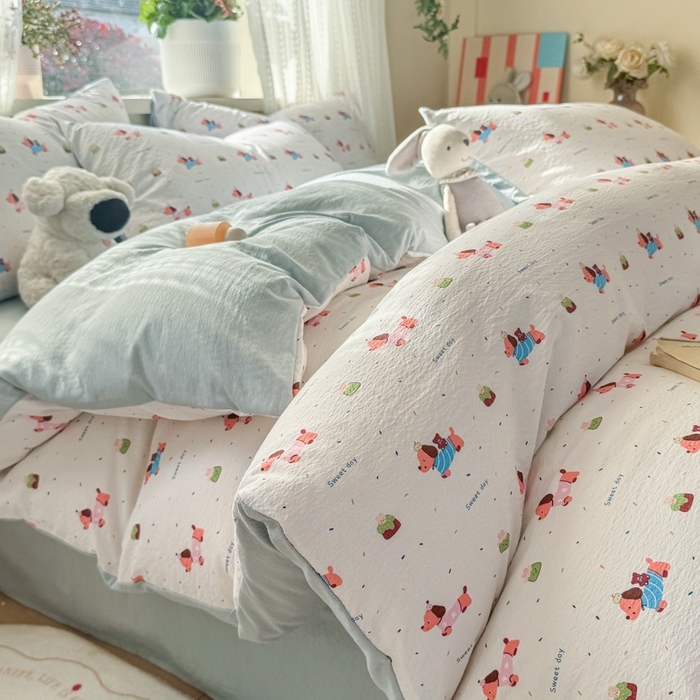 91家纺网 家纺一手货源 找家纺 安力森/诚臻酒店用品 2026新款A类双层皱皱纱四件套 洛洛小狗