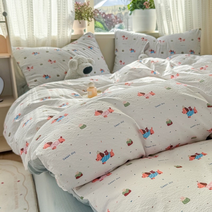 91家纺网 家纺一手货源 找家纺 安力森/诚臻酒店用品 2026新款A类双层皱皱纱四件套 洛洛小狗