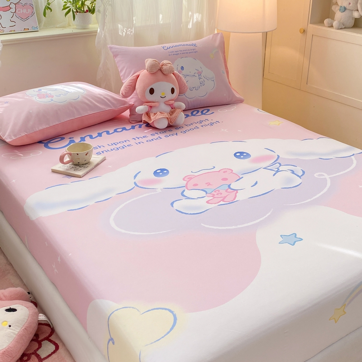 91家纺网 家纺一手货源 找家纺 博雅 2026新款三丽欧大版全棉纯棉单床笠床笠单件 全棉大版-粉色星星玉桂狗