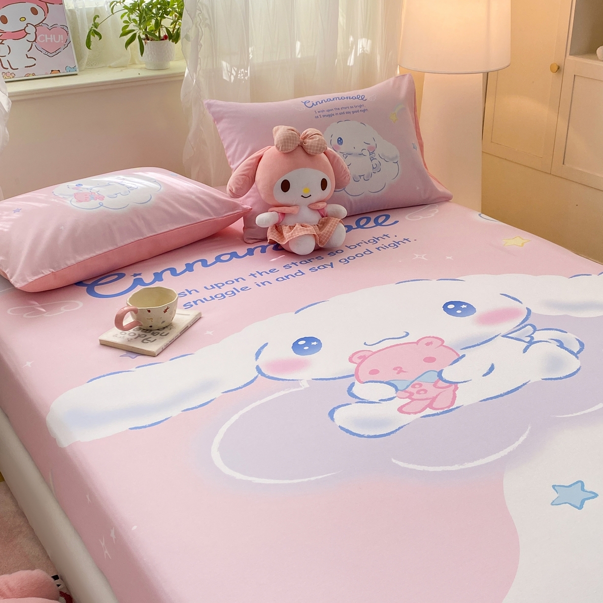 91家纺网 家纺一手货源 找家纺 博雅 2026新款三丽欧大版全棉纯棉单床笠床笠单件 全棉大版-粉色星星玉桂狗