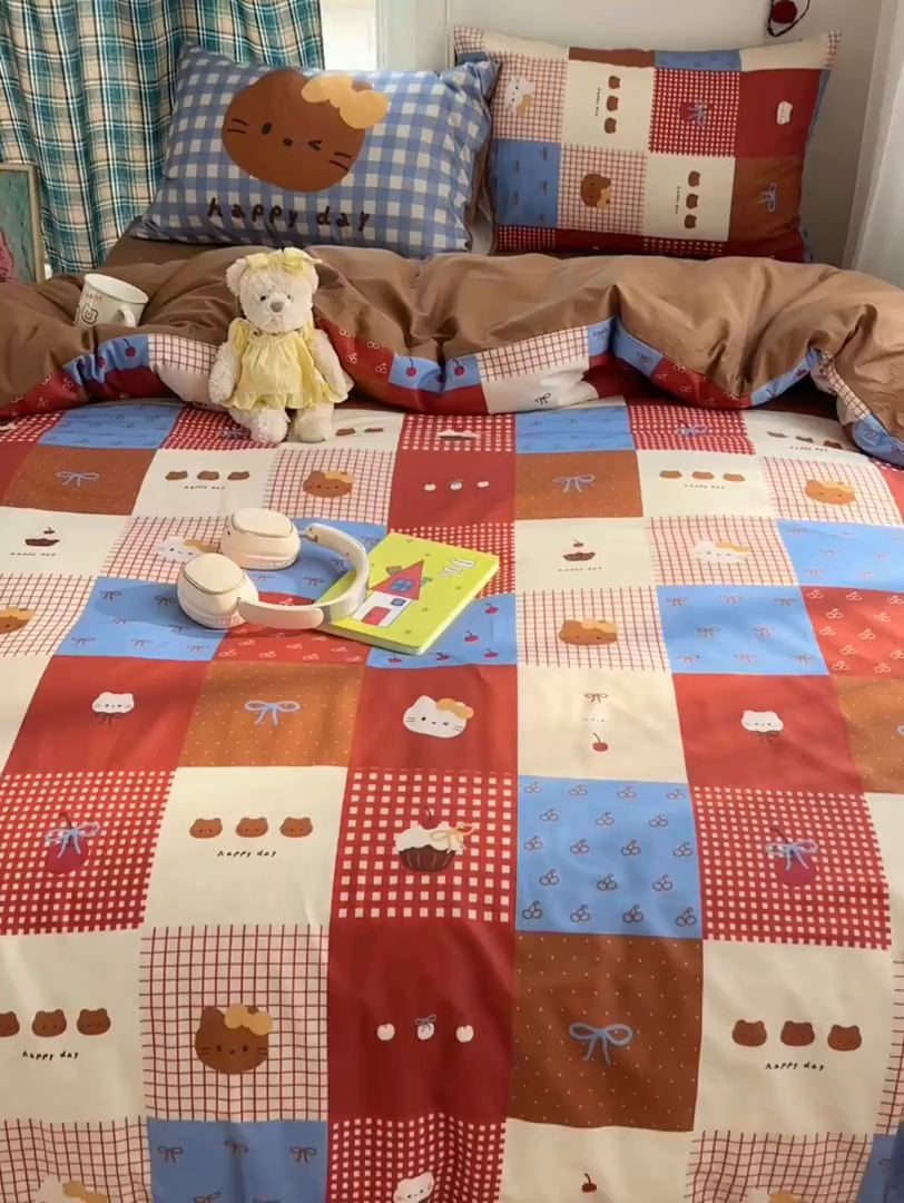 91家纺网 家纺一手货源 找家纺 桃子家居 2026新款纯棉混搭大版数码印花枕套小清新猫咪可爱系列四件套 棉混搭-可可布丁猫