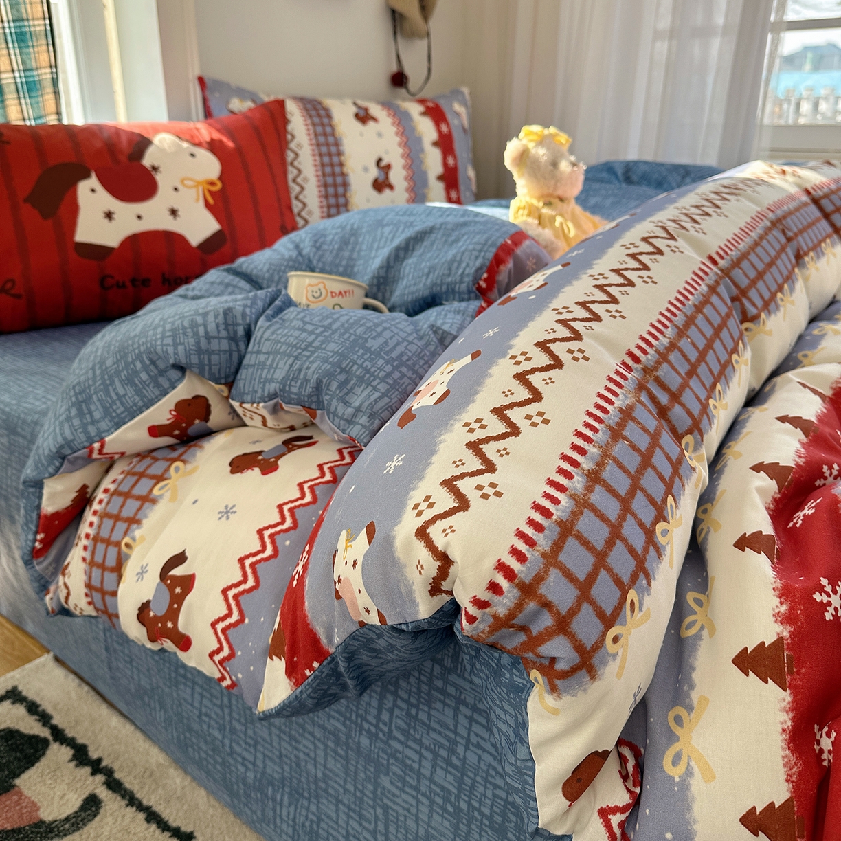 桃子家居 2026新款纯棉混搭大版数码印花枕套小清新猫咪可爱系列四件套 棉混搭-梦幻森林马