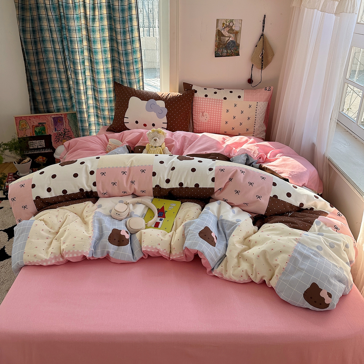 91家纺网 家纺一手货源 找家纺 桃子家居 2026新款纯棉混搭大版数码印花枕套小清新猫咪可爱系列四件套 棉混搭-奶糖可可猫