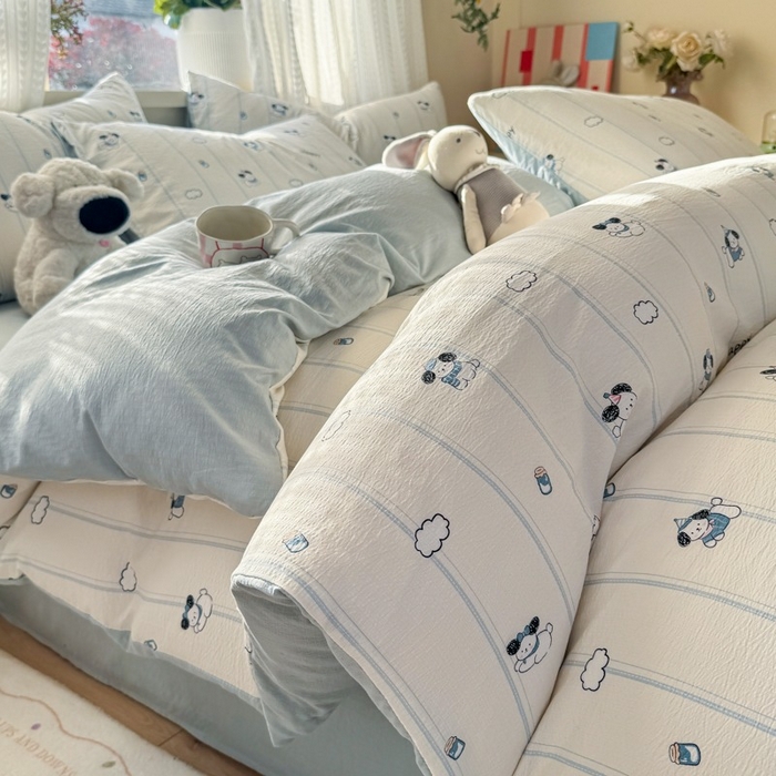 91家纺网 家纺一手货源 找家纺 安力森/诚臻酒店用品 2026新款A类双层皱皱纱四件套 萌犬乐园