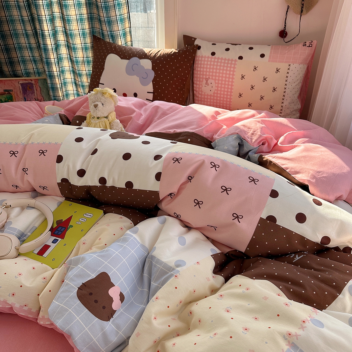 91家纺网 家纺一手货源 找家纺 桃子家居 2026新款纯棉混搭大版数码印花枕套小清新猫咪可爱系列四件套 棉混搭-奶糖可可猫