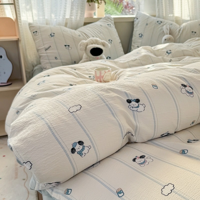 91家纺网 家纺一手货源 找家纺 安力森/诚臻酒店用品 2026新款A类双层皱皱纱四件套 萌犬乐园