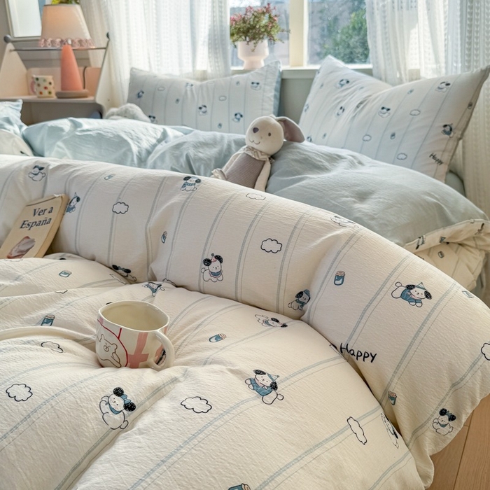 91家纺网 家纺一手货源 找家纺 安力森/诚臻酒店用品 2026新款A类双层皱皱纱四件套 萌犬乐园