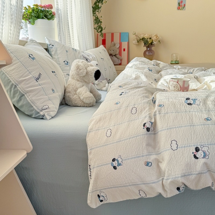 91家纺网 家纺一手货源 找家纺 安力森/诚臻酒店用品 2026新款A类双层皱皱纱四件套 萌犬乐园