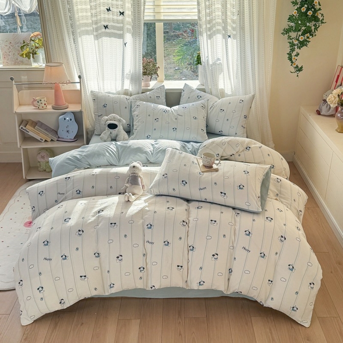 91家纺网 家纺一手货源 找家纺 安力森/诚臻酒店用品 2026新款A类双层皱皱纱四件套 萌犬乐园