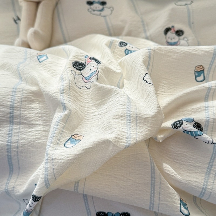 91家纺网 家纺一手货源 找家纺 安力森/诚臻酒店用品 2026新款A类双层皱皱纱四件套 萌犬乐园