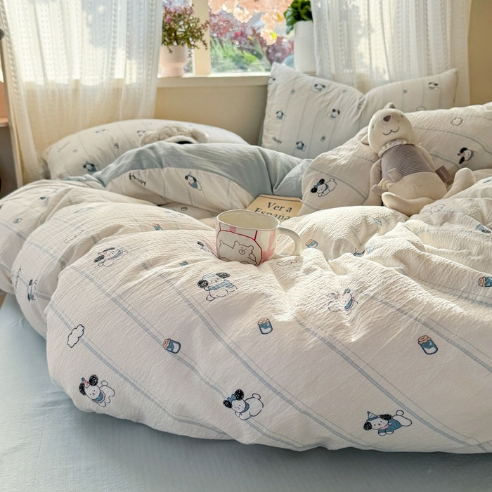 91家纺网 家纺一手货源 找家纺 安力森/诚臻酒店用品 2026新款A类双层皱皱纱四件套 萌犬乐园