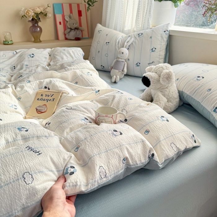 91家纺网 家纺一手货源 找家纺 安力森/诚臻酒店用品 2026新款A类双层皱皱纱四件套 萌犬乐园