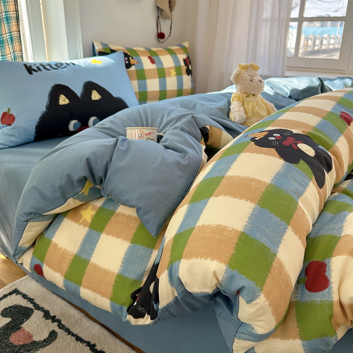 桃子家居 2026新款纯棉混搭大版数码印花枕套小清新猫咪可爱系列四件套 棉混搭-苹果哈曼猫